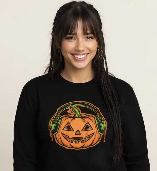 Headphone Jack-O-Lantern Halloween Long Sleeve Tee | Heavyweight 100% Cotton | Made in USA